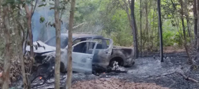 Carro foi incendiado durante a emboscada e um sargento da Polícia Militar teve seu corpo carbonizado dentro de um veículo em Barra do Corda. (Foto: Divulgação/PC-MA)